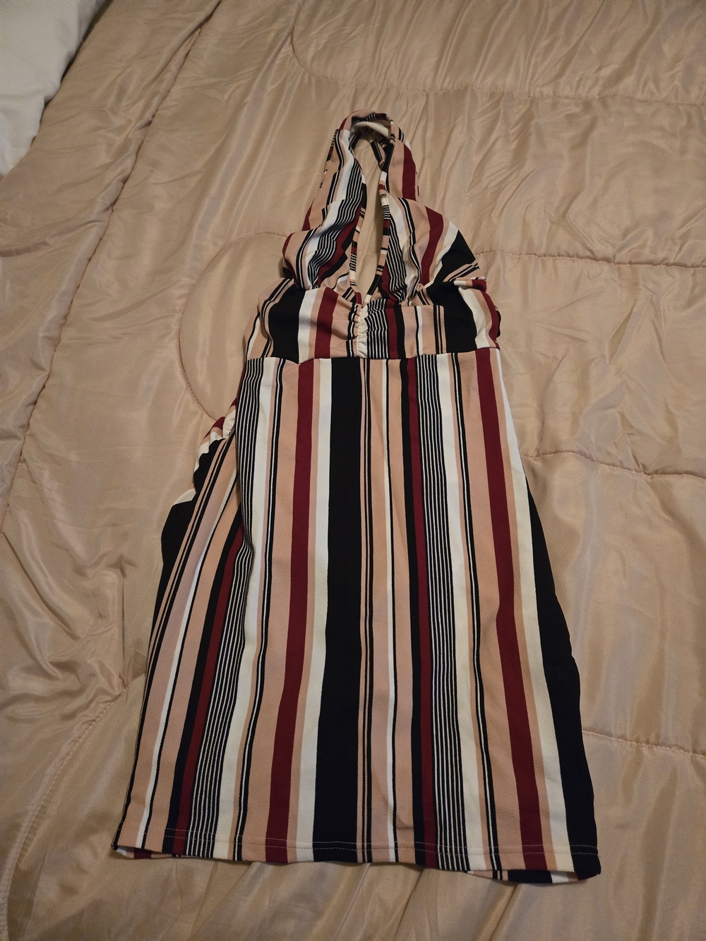 SHEIN Striped Halter Midi Dress in Black, Burgundy, Cream